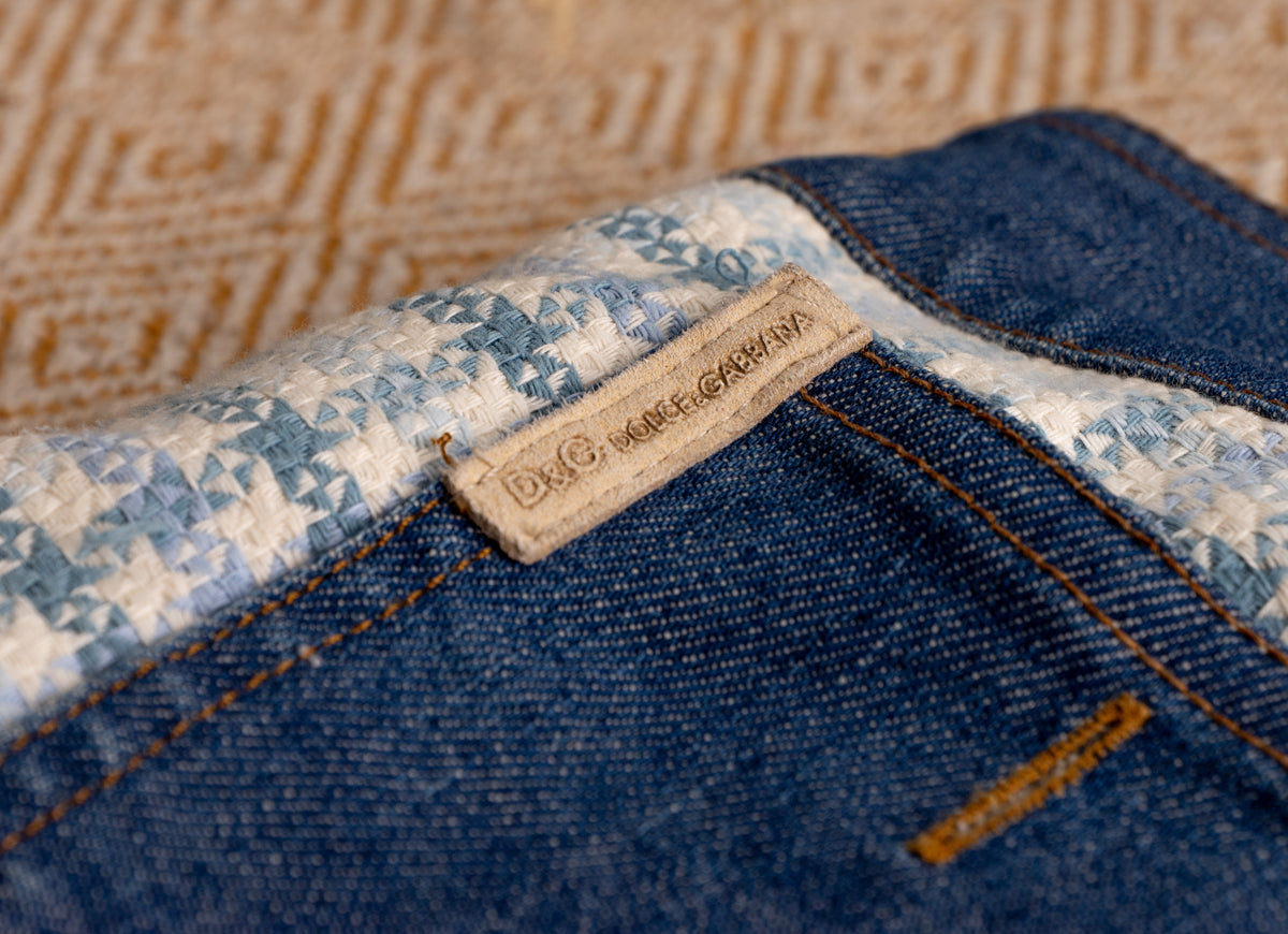 Vintage D&G DOLCE GABBANA Skirt Y2K Denim Tweed Houndstooth Mini Skirt Logo Patch IT 44 Medium