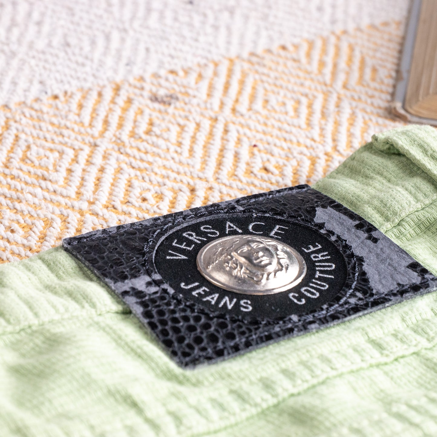 Vintage Versace Jeans Couture Lime Green Trousers | Textured Cotton | 90s Mom Fit | Silver Medusa | Size W30 (Fits EU 38) | High waisted