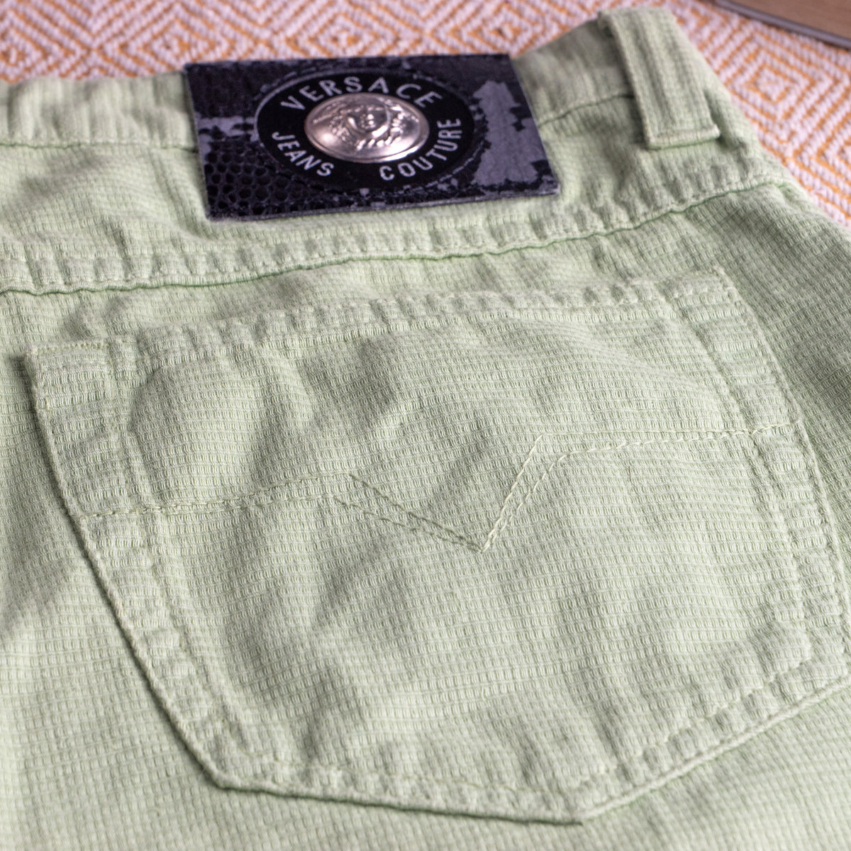 Vintage Versace Jeans Couture Lime Green Trousers | Textured Cotton | 90s Mom Fit | Silver Medusa | Size W30 (Fits EU 38) | High waisted