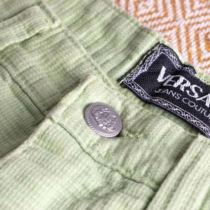 Vintage Versace Jeans Couture Lime Green Trousers | Textured Cotton | 90s Mom Fit | Silver Medusa | Size W30 (Fits EU 38) | High waisted