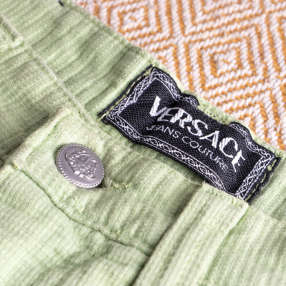 Vintage Versace Jeans Couture Lime Green Trousers | Textured Cotton | 90s Mom Fit | Silver Medusa | Size W30 (Fits EU 38) | High waisted