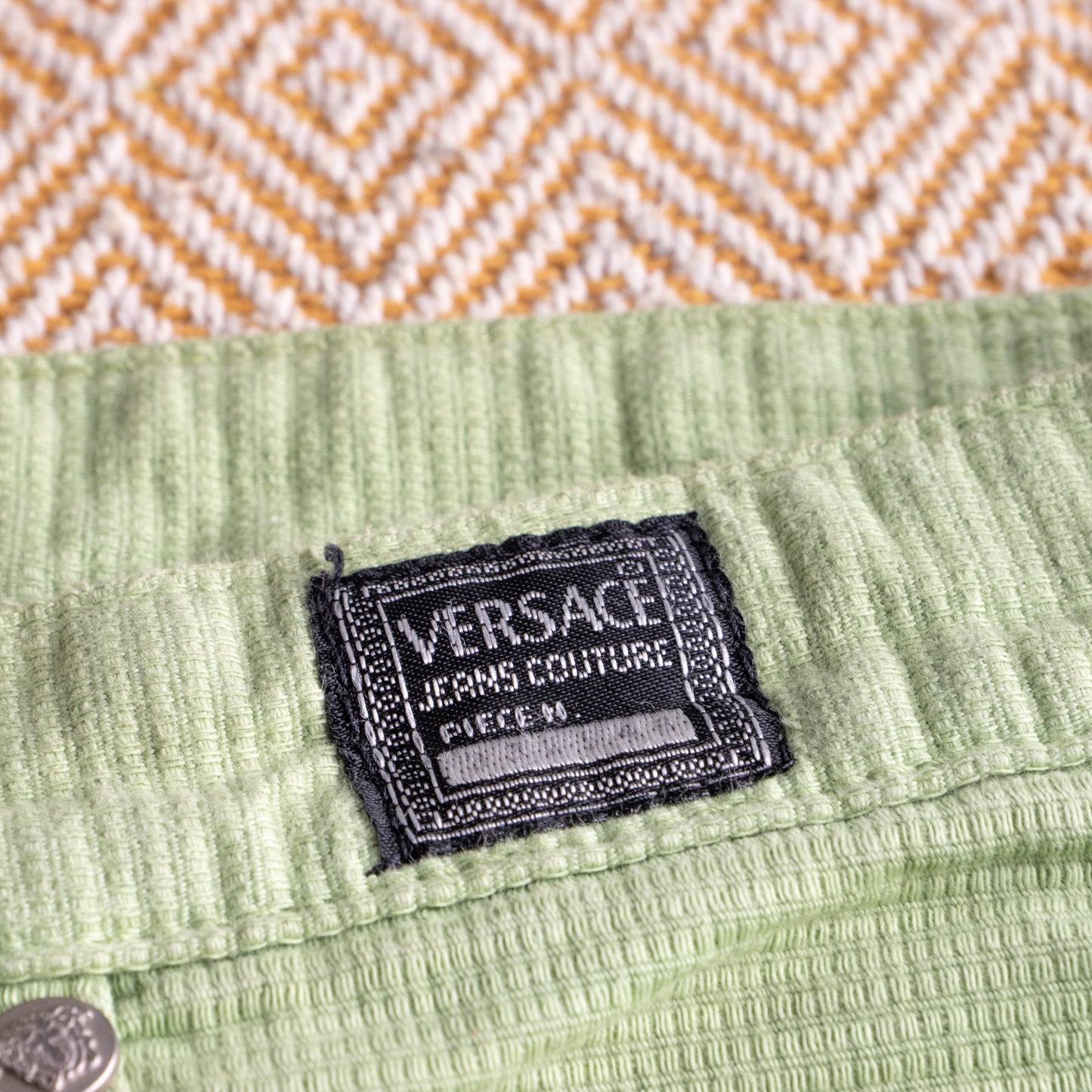 Vintage Versace Jeans Couture Lime Green Trousers | Textured Cotton | 90s Mom Fit | Silver Medusa | Size W30 (Fits EU 38) | High waisted