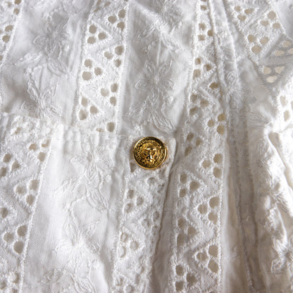 Vintage VERSUS VERSACE 90s White Eyelet Lace Trousers | Gold Lion Buttons | Broderie Anglaise | High Waisted Summer Pants | Size XXS (24")