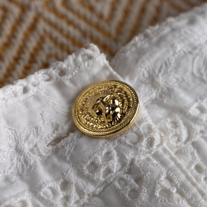 Vintage VERSUS VERSACE 90s White Eyelet Lace Trousers | Gold Lion Buttons | Broderie Anglaise | High Waisted Summer Pants | Size XXS (24")