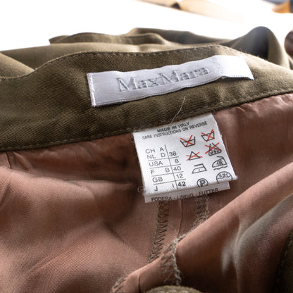 Vintage MAX MARA Silk Cupro Skirt Olive Green Midi High Waist Deep Side Slits 90s Minimalist Luxury Fabric Made in Italy D38 US8 Small