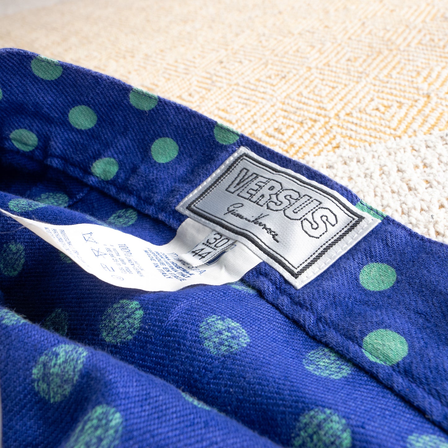 Vintage Versus Versace 90s Linen Skirt | Royal Blue & Green Pattern | Polka Dot Waist | High End Italian Summer | Size IT 44 Fits M / EU 38