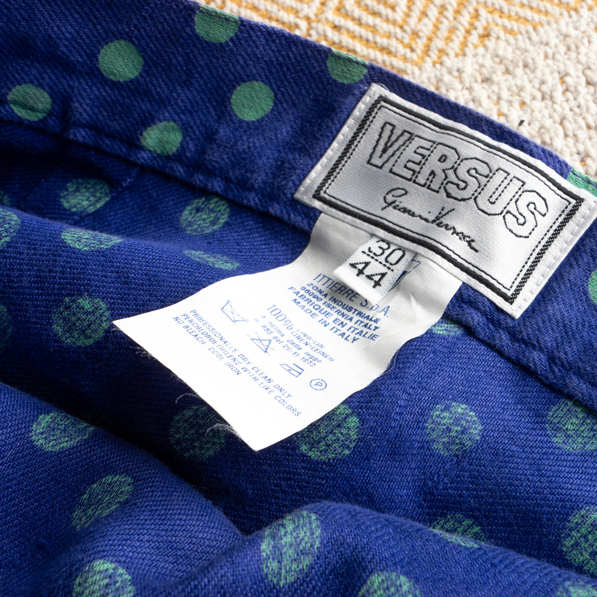 Vintage Versus Versace 90s Linen Skirt | Royal Blue & Green Pattern | Polka Dot Waist | High End Italian Summer | Size IT 44 Fits M / EU 38