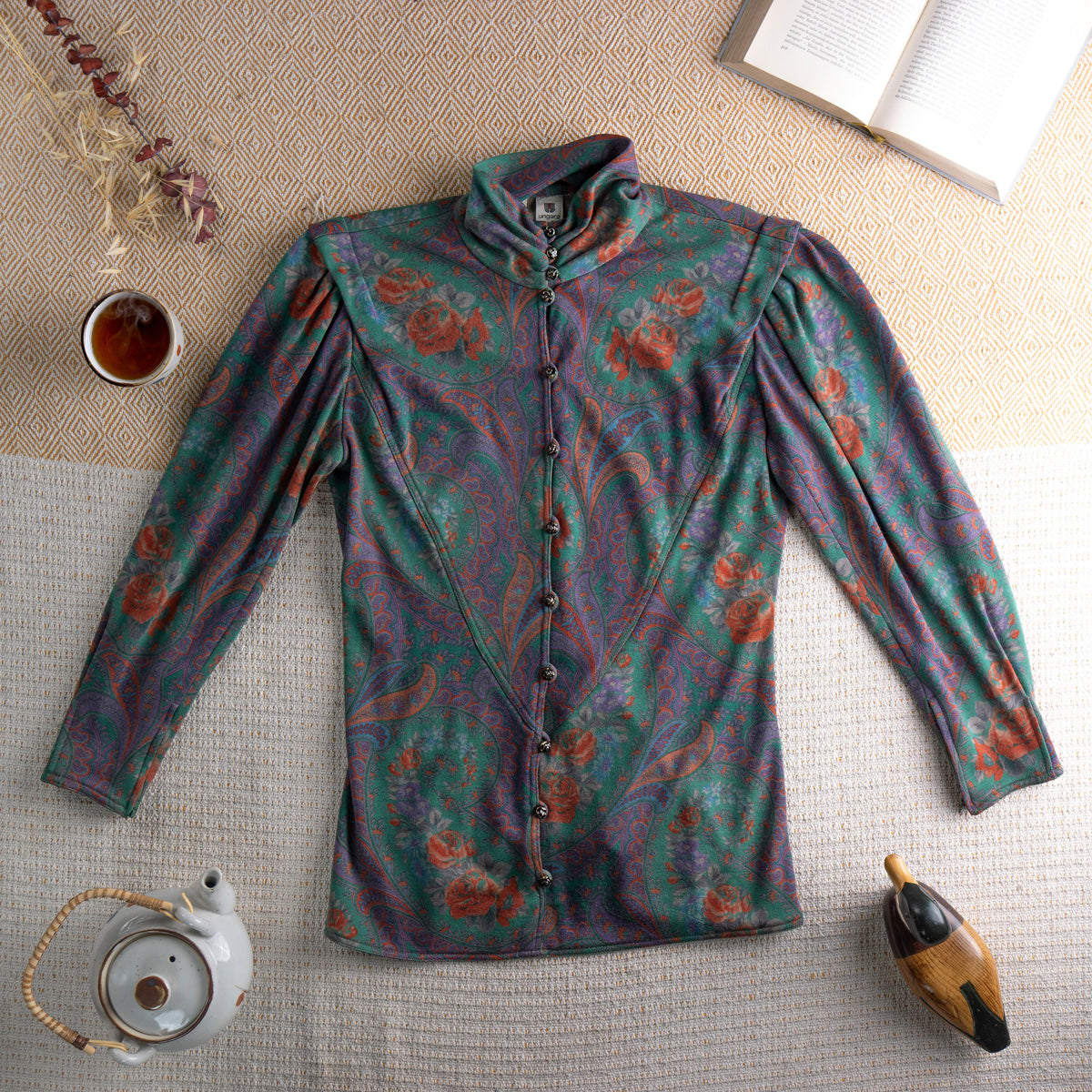 Vintage UNGARO PARALLÈLE Paris 80s Skirt Suit | Emerald Green Paisley Jersey Set | High Neck Blouse & Pencil Skirt | Made in Italy | Size S