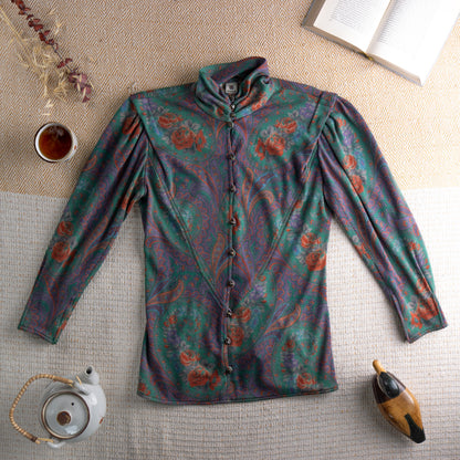 Vintage UNGARO PARALLÈLE Paris 80s Skirt Suit | Emerald Green Paisley Jersey Set | High Neck Blouse & Pencil Skirt | Made in Italy | Size S