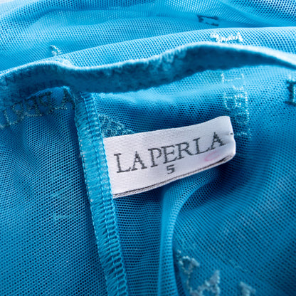Archival La Perla Monogram Bodysuit Y2K Metallic Logo Mesh Cyan Blue Silver - Vintage Size 5 (Fits modern M/L) - Designer Masterpiece