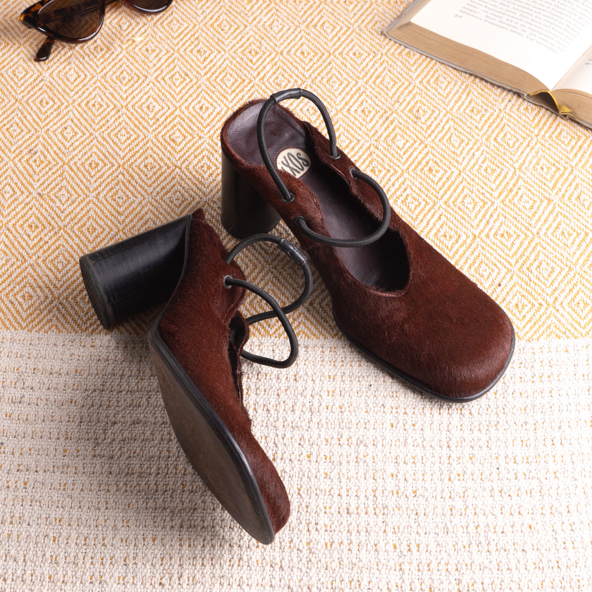 **SOLD: IXOS LATE 1990s RUNWAY PONY HAIR SQUARE-TOE BLOCK-HEEL PUMPS**