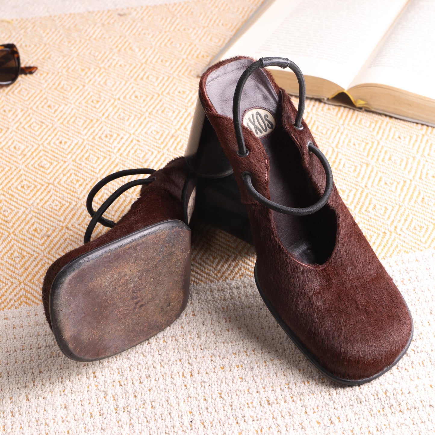 **SOLD: IXOS LATE 1990s RUNWAY PONY HAIR SQUARE-TOE BLOCK-HEEL PUMPS**