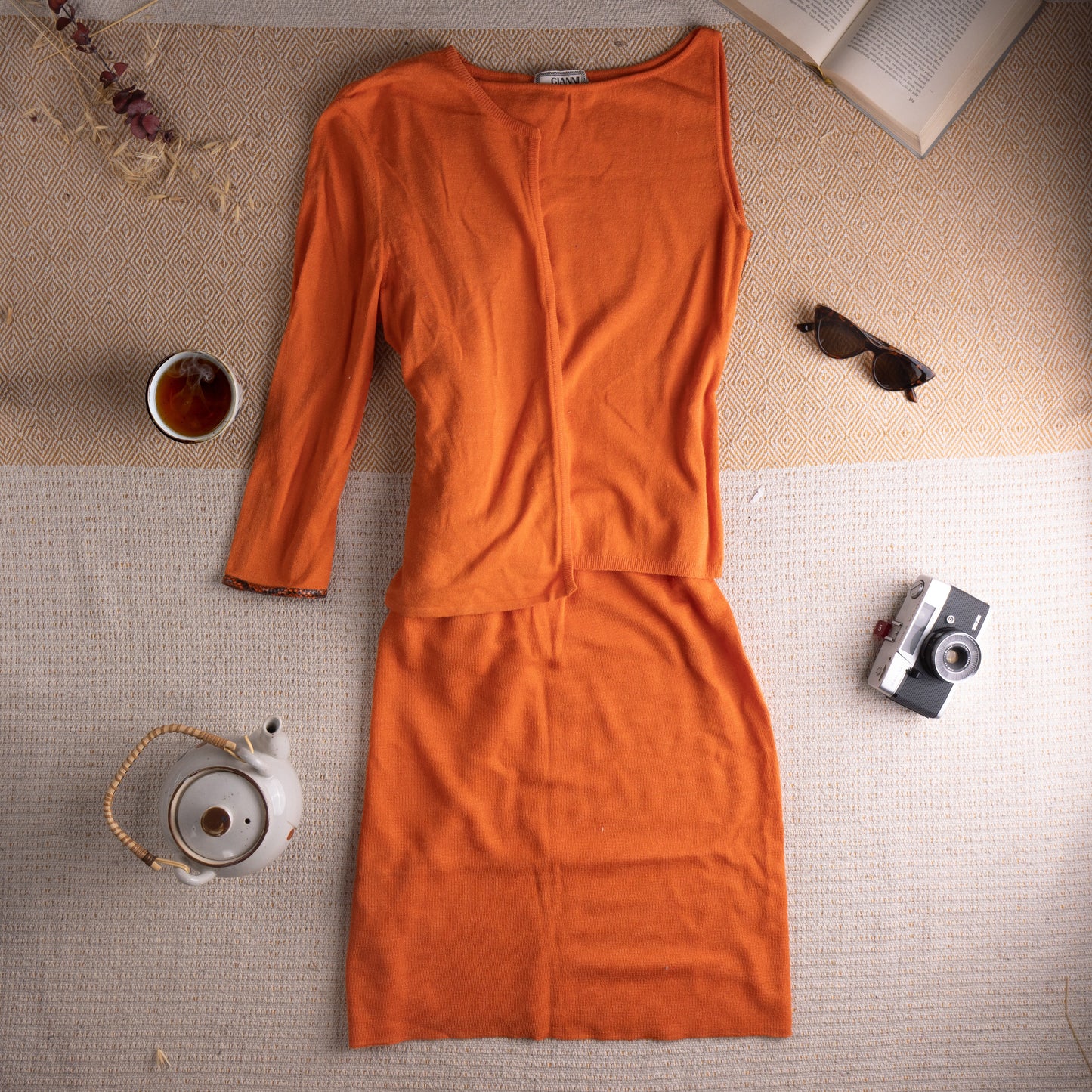Archival Gianni Versace 3-Piece Knit Set 1990s Cyber Metallic Neon Orange Snake Embossed Leather Trim Futuristic Skirt Suit Gilmar BVM S