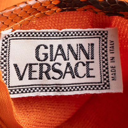 Archival Gianni Versace 3-Piece Knit Set 1990s Cyber Metallic Neon Orange Snake Embossed Leather Trim Futuristic Skirt Suit Gilmar BVM S