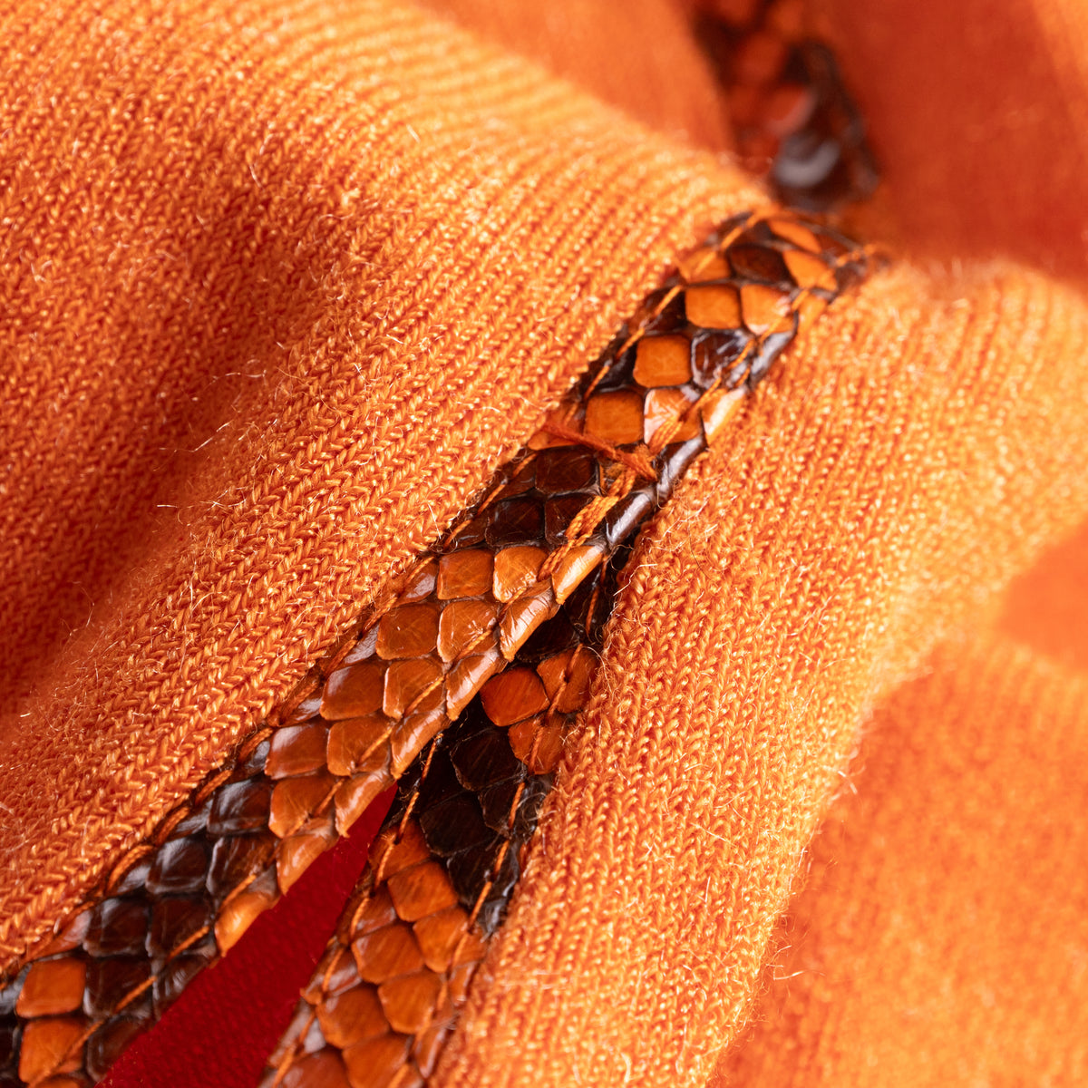 Archival Gianni Versace 3-Piece Knit Set 1990s Cyber Metallic Neon Orange Snake Embossed Leather Trim Futuristic Skirt Suit Gilmar BVM S