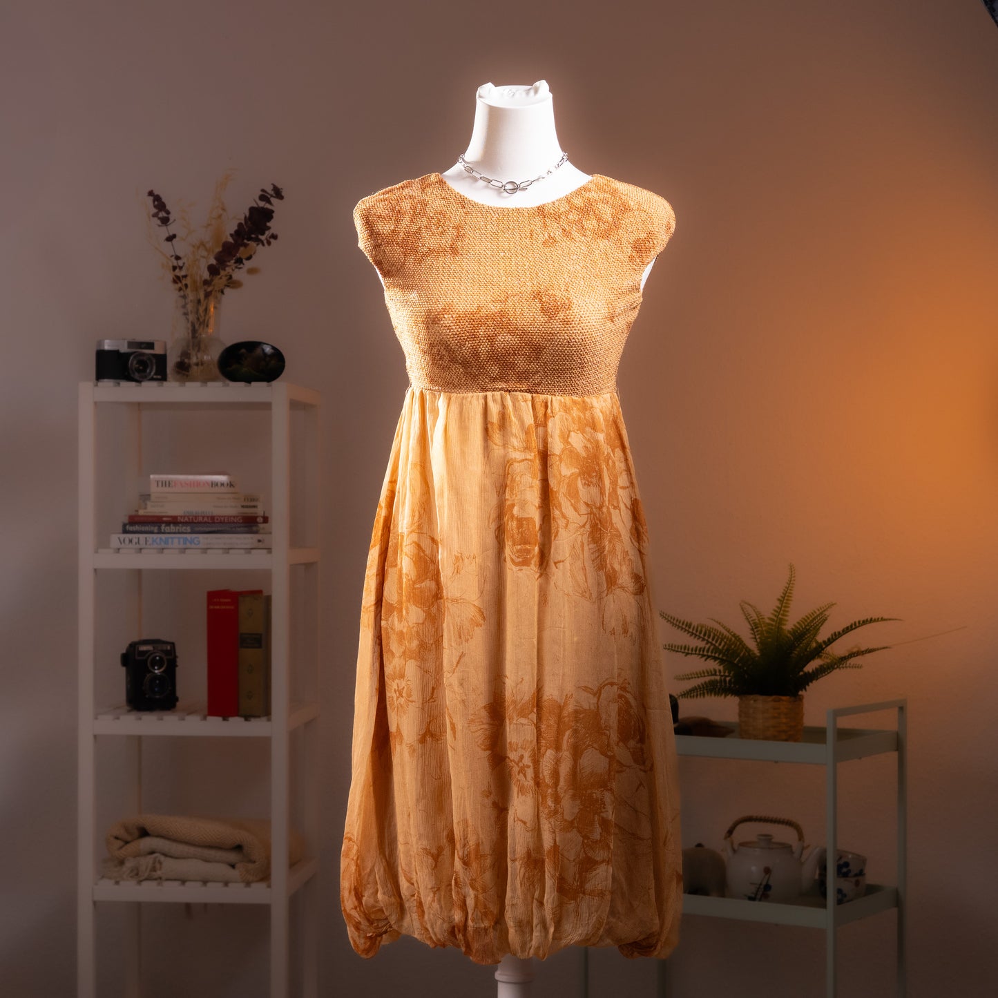 Archival La Perla Y2K Deadstock Silk Jacquard Sculptural Dress – ocher gold silk jacquard with tone-on-tone floral scroll pattern, textured honeycomb knit bodice, empire waist, voluminous bubble hem skirt with integrated body-sculpting lining, sleeveless, crew neckline, product shot on dress form