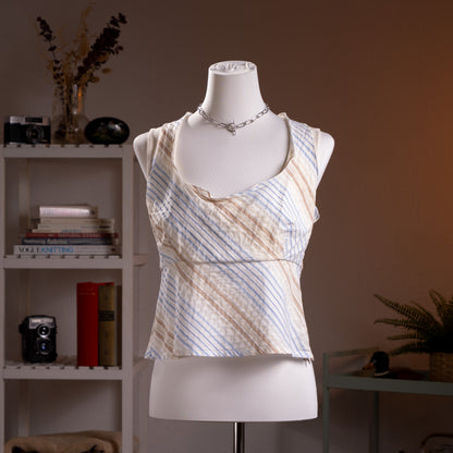 Archival Prada Linea Rossa SS2004 Ticker Stripe Cowl Neck Top – ivory cream lightweight cotton, bias-cut diagonal multi-directional ticker stripe print in pale blue and taupe, draped cowl neckline with ruffled edge, sleeveless, empire seam with zip at hem, cropped silhouette, rare red Prada Linea Rossa logo label, IT 46 EU 38 M, product shot on dress form
