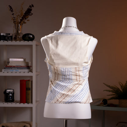 back view Archival Prada Linea Rossa SS2004 Ticker Stripe Cowl Neck Top – ivory cream lightweight cotton, bias-cut diagonal multi-directional ticker stripe print in pale blue and taupe, draped cowl neckline with ruffled edge, sleeveless, empire seam with zip at hem, cropped silhouette, rare red Prada Linea Rossa logo label, IT 46 EU 38 M, product shot on dress form
