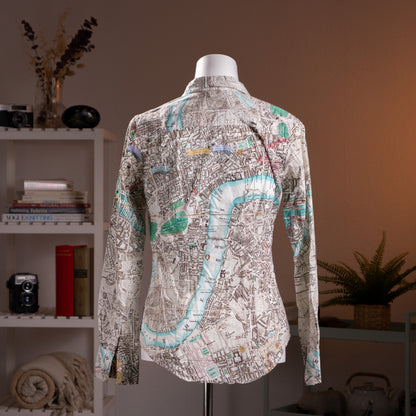 Archival Paul Smith Black Label NOS London Cartography Map Print Blouse – cream Italian cotton with all-over vintage London street map print in teal, blue, red and black, point collar, button-front, long sleeves with button cuffs, fitted silhouette, product shot on dress form