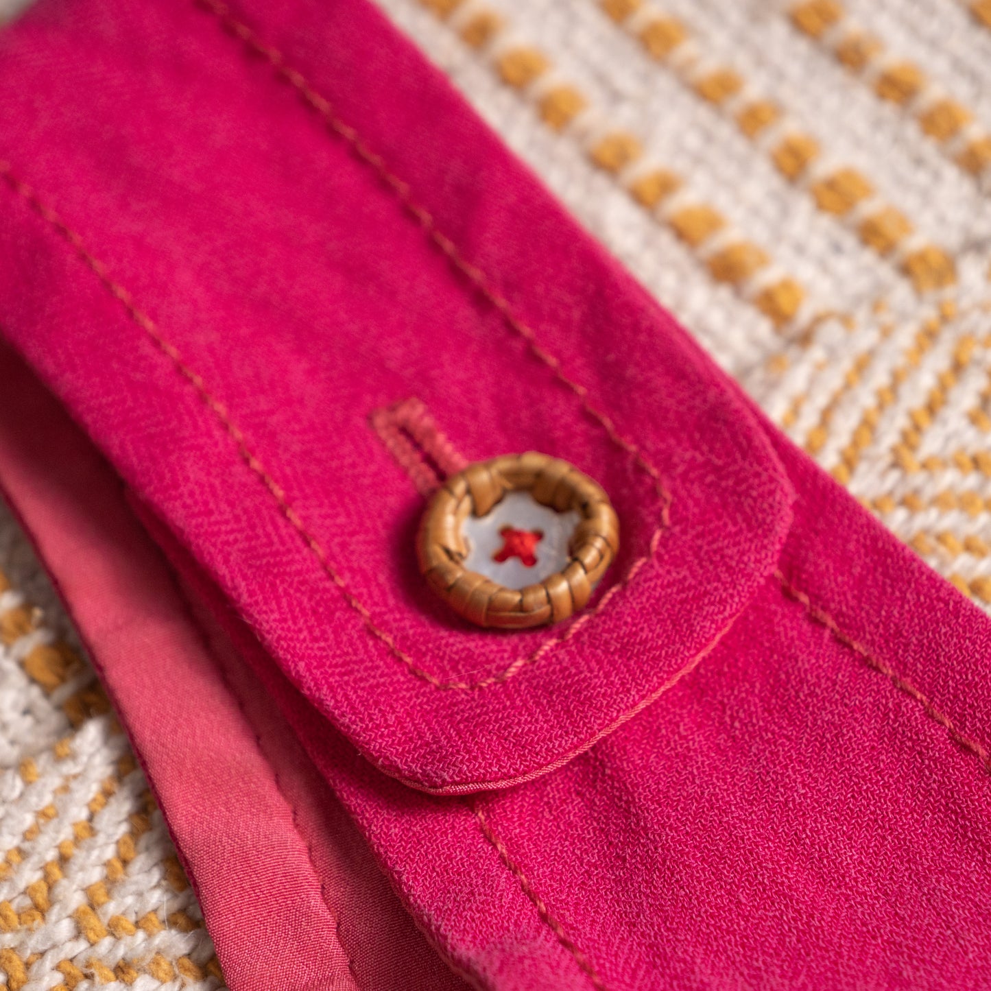 Archival Salvatore Ferragamo Fuchsia Pure Linen Peplum Top Silk Lined Woven Wood Detail Italy Size XS S Museum Grade