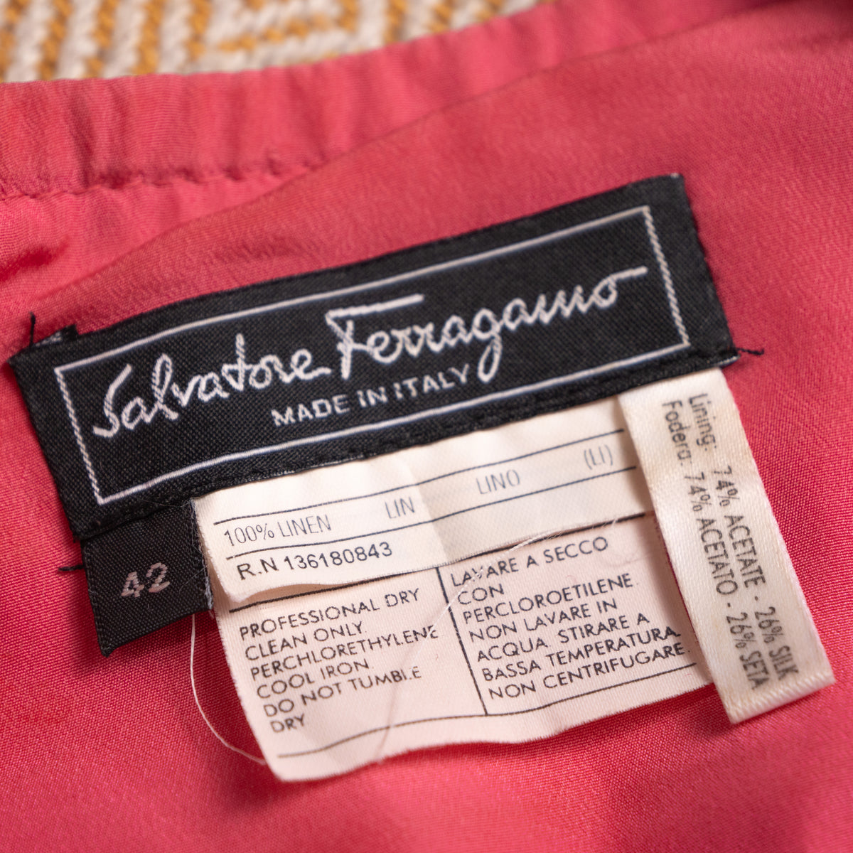 Archival Salvatore Ferragamo Fuchsia Pure Linen Peplum Top Silk Lined Woven Wood Detail Italy Size XS S Museum Grade