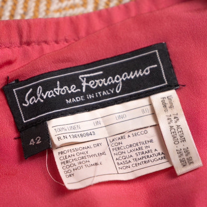 Archival Salvatore Ferragamo Fuchsia Pure Linen Peplum Top Silk Lined Woven Wood Detail Italy Size XS S Museum Grade