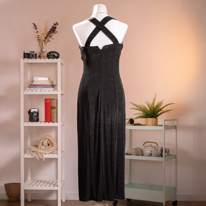 back view Archival Joseph Ribkoff 80s Liquid Acetate Slinky Mask Gown – black liquid acetate halterneck maxi dress with draped cowl neckline, gold shield-shaped hardware at shoulders, body-con silhouette, open back, Greek goddess aesthetic, Made in Canada, product shot on dress form
