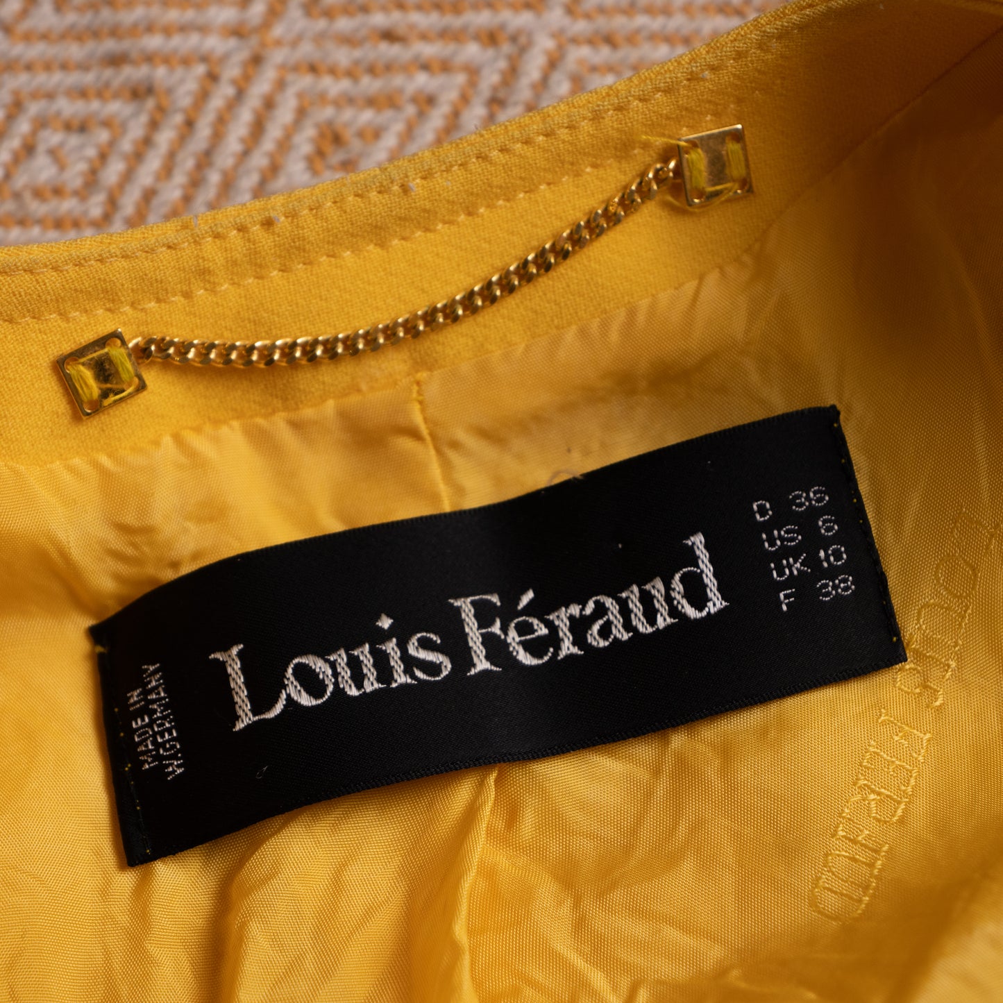 Archival Louis Feraud Paris Skirt Suit 80s Power Suit Canary Yellow Black Graphic NOS Deadstock West Germany Size XS S
