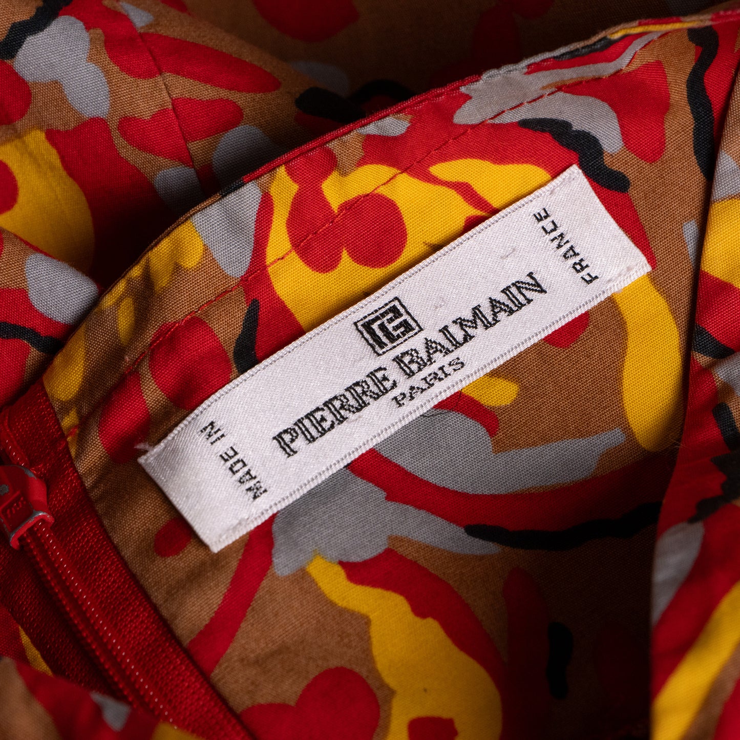 Pierre Balmain Paris Vintage Dress 1970s Deadstock New Old Stock 100% Cotton French Luxury Red Yellow Abstract Print High-End Curator Find M