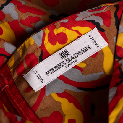 Pierre Balmain Paris Vintage Dress 1970s Deadstock New Old Stock 100% Cotton French Luxury Red Yellow Abstract Print High-End Curator Find M