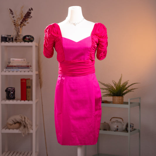 Archival Loris Azzaro Paris 80s NOS Sculptural Cocktail Dress – vibrant fuchsia pink satin, sweetheart neckline, dramatic ruched power puff sleeves, ruched waist band for hourglass silhouette, body-con mini skirt, haute couture heritage, product shot on dress form