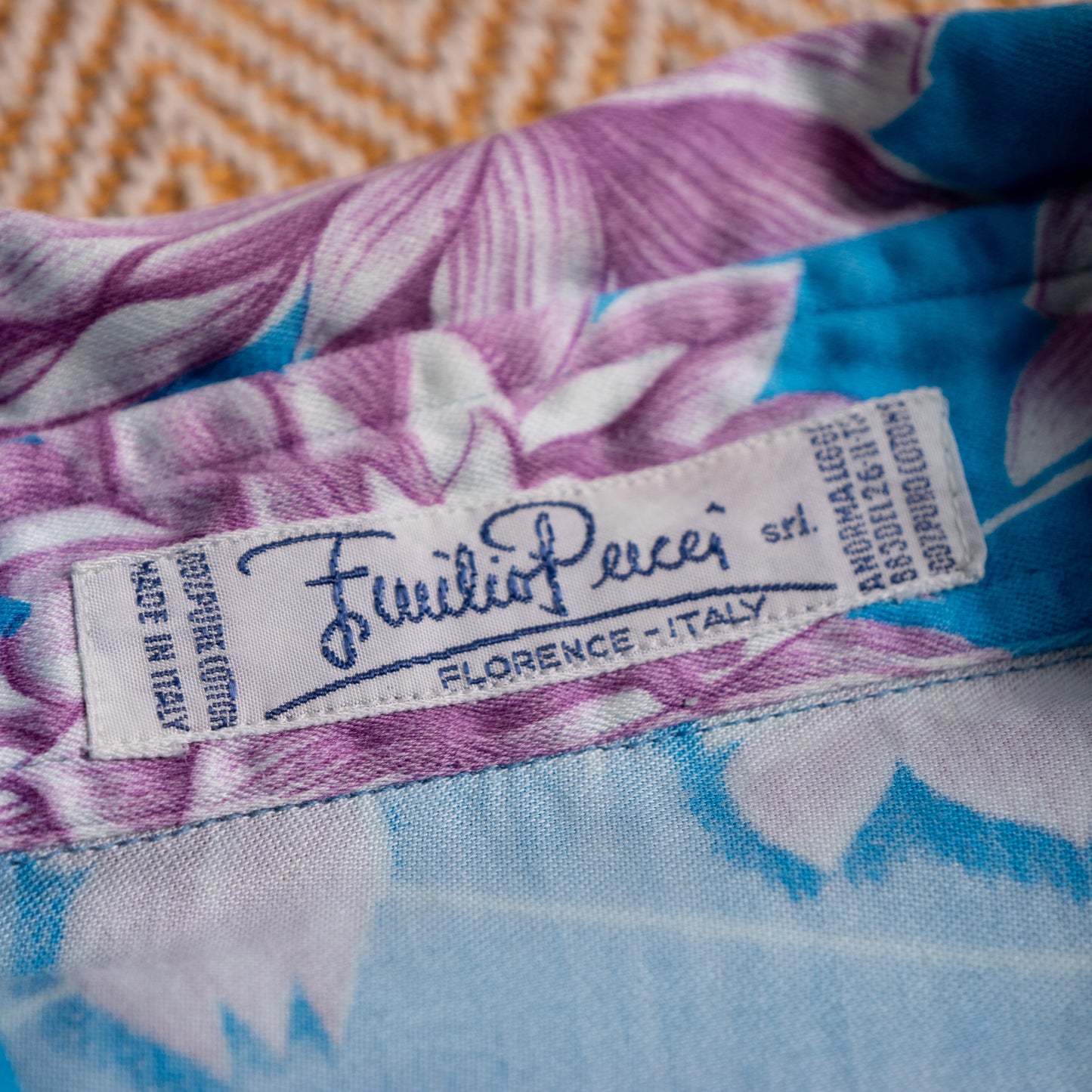 Archival 1973 Emilio Pucci Florence Unisex Womens Mens Shirt Azure Floral Cotton Vintage 70s M
