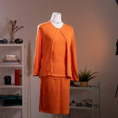 Archival Gianni Versace 3-Piece Knit Set 1990s Cyber Metallic Neon Orange Snake Embossed Leather Trim Futuristic Skirt Suit Gilmar BVM S