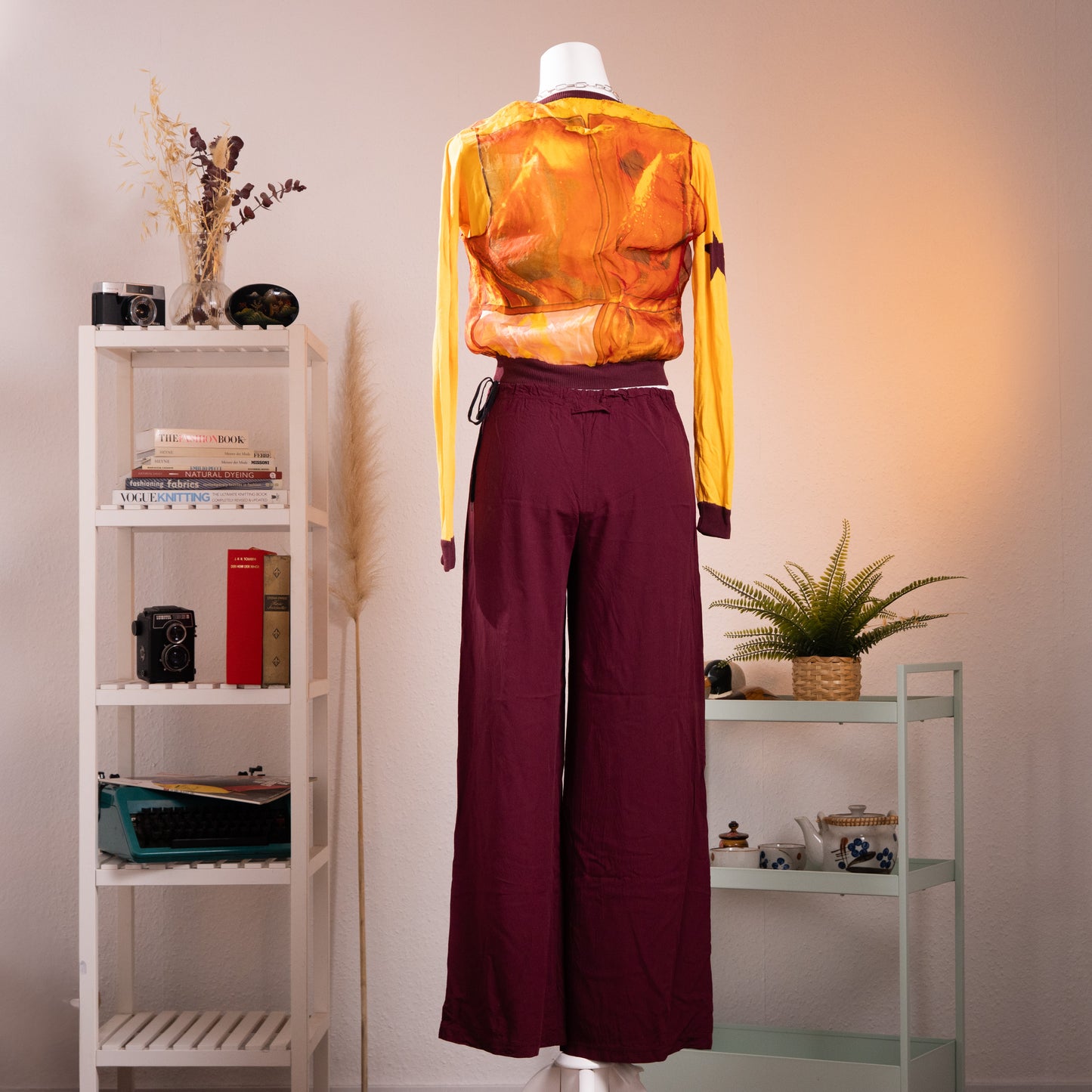 Archival Jean Paul Gaultier SS 2002 Set Maille Femme Top Soleil Trousers Watercolor Print Burgundy Pants Grails Gaultier Mesh Era XS S