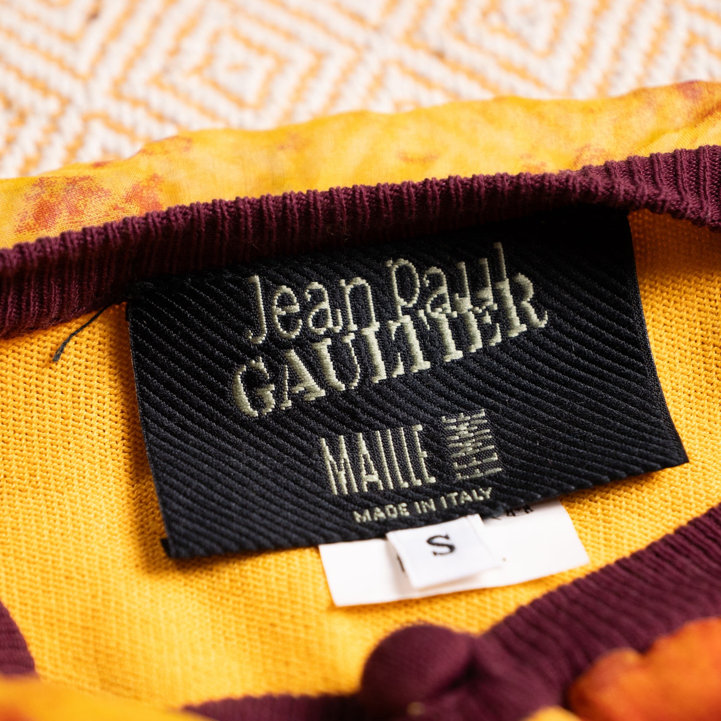 Archival Jean Paul Gaultier SS 2002 Set Maille Femme Top Soleil Trousers Watercolor Print Burgundy Pants Grails Gaultier Mesh Era XS S