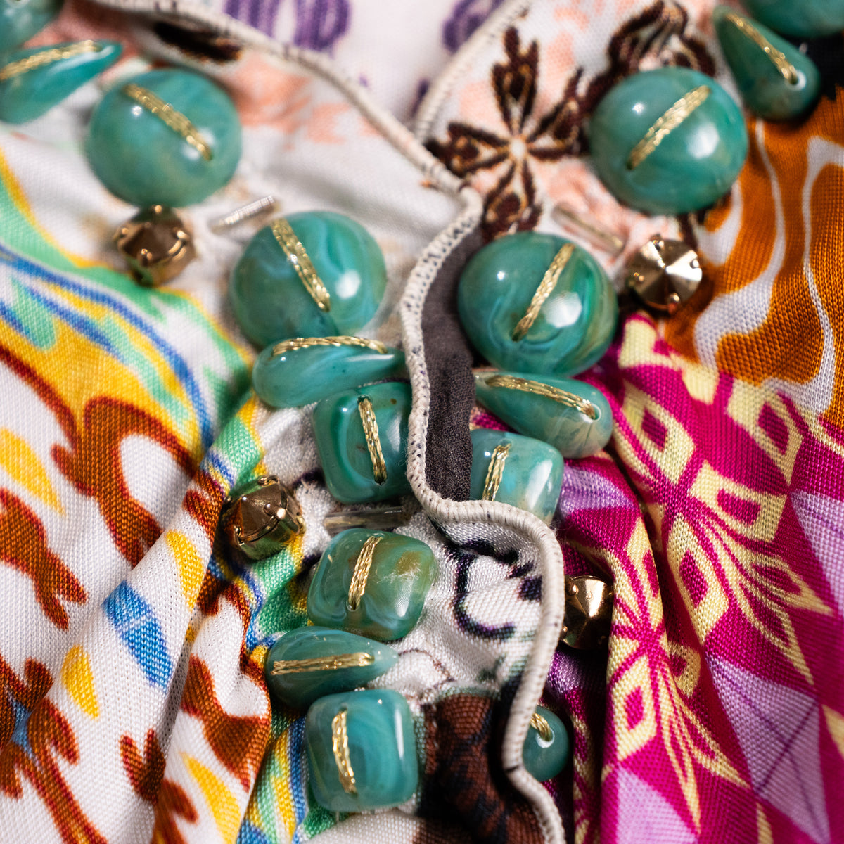 Archival Blumarine SS 2004 Jeweled Print Dress Anna Molinari Turquoise Crystal Cabochon 100% Rayon Jersey Trompe l’Oeil Boho Midi Grails S-L