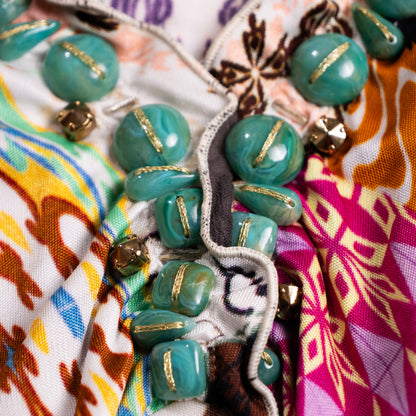 Archival Blumarine SS 2004 Jeweled Print Dress Anna Molinari Turquoise Crystal Cabochon 100% Rayon Jersey Trompe l’Oeil Boho Midi Grails S-L