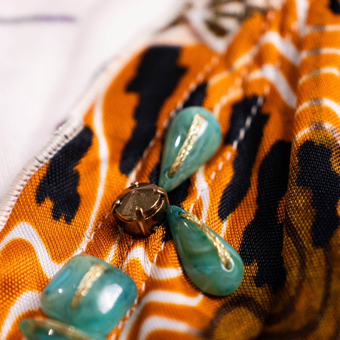Archival Blumarine SS 2004 Jeweled Print Dress Anna Molinari Turquoise Crystal Cabochon 100% Rayon Jersey Trompe l’Oeil Boho Midi Grails S-L