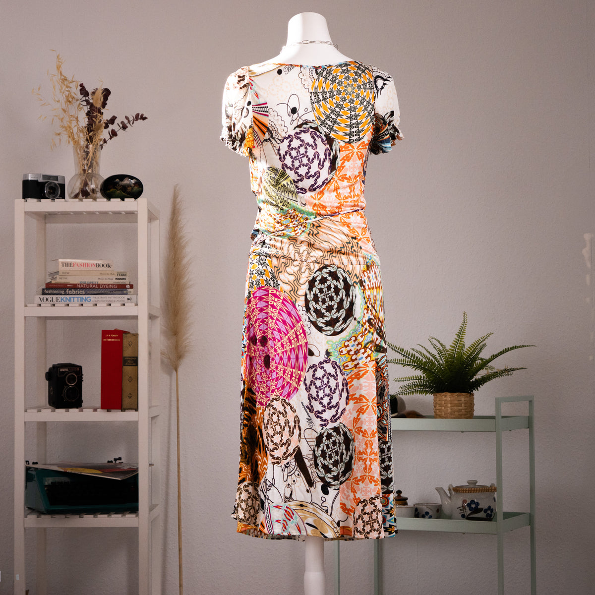 Archival Blumarine SS 2004 Jeweled Print Dress Anna Molinari Turquoise Crystal Cabochon 100% Rayon Jersey Trompe l’Oeil Boho Midi Grails S-L
