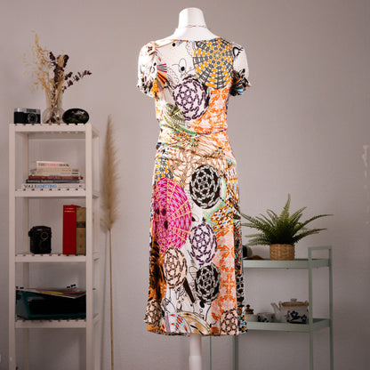 Archival Blumarine SS 2004 Jeweled Print Dress Anna Molinari Turquoise Crystal Cabochon 100% Rayon Jersey Trompe l’Oeil Boho Midi Grails S-L