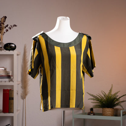 Archival Genny by Gianni Versace silk block-stripe blouse from the late 1970s with safari shoulder epaulettes, front view.
