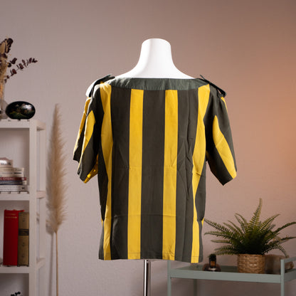 Rear view of the vintage Gianni Versace for Genny olive and saffron striped silk top showcasing the 70s boxy fluid silhouette.
