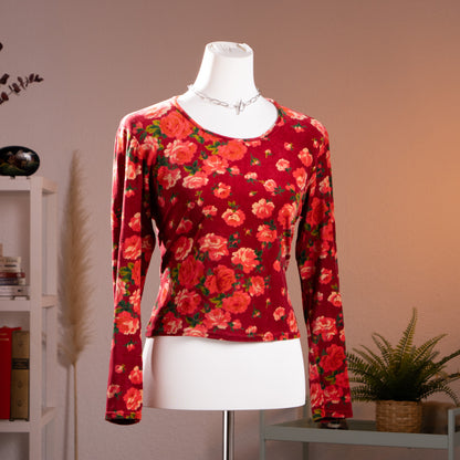 Archival Kenzo Jungle burgundy velvet floral long sleeve top from the 1997 runway collection, front view on a gallery mannequin.
