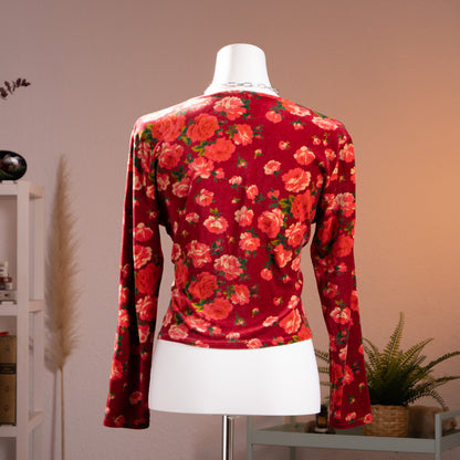 Rear view of the vintage Kenzo Jungle velour floral shirt showcasing the cropped waistline and adaptive stretch alignment.
