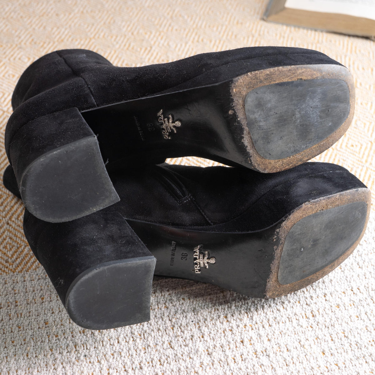 Prada Milano Archival Boots Metal Logo Chunky Platform Sole Black Suede Block Heel 90s Vintage Authentic Luxury Made in Italy Size EU 38 UK 5