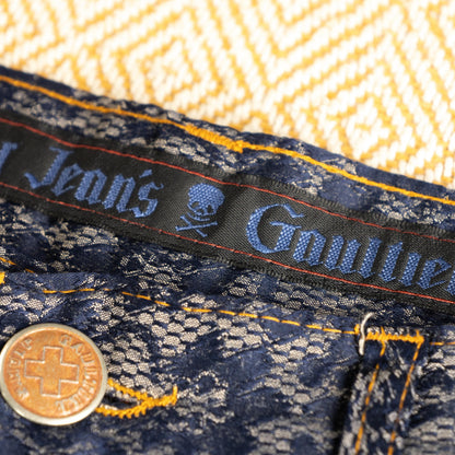 Archival Jean Paul Gaultier 1993 "Haute Jeanerie" Flocked Lace Tailored Trousers - Rare Skull & Eiffel Tower Label Cinch Back XS S