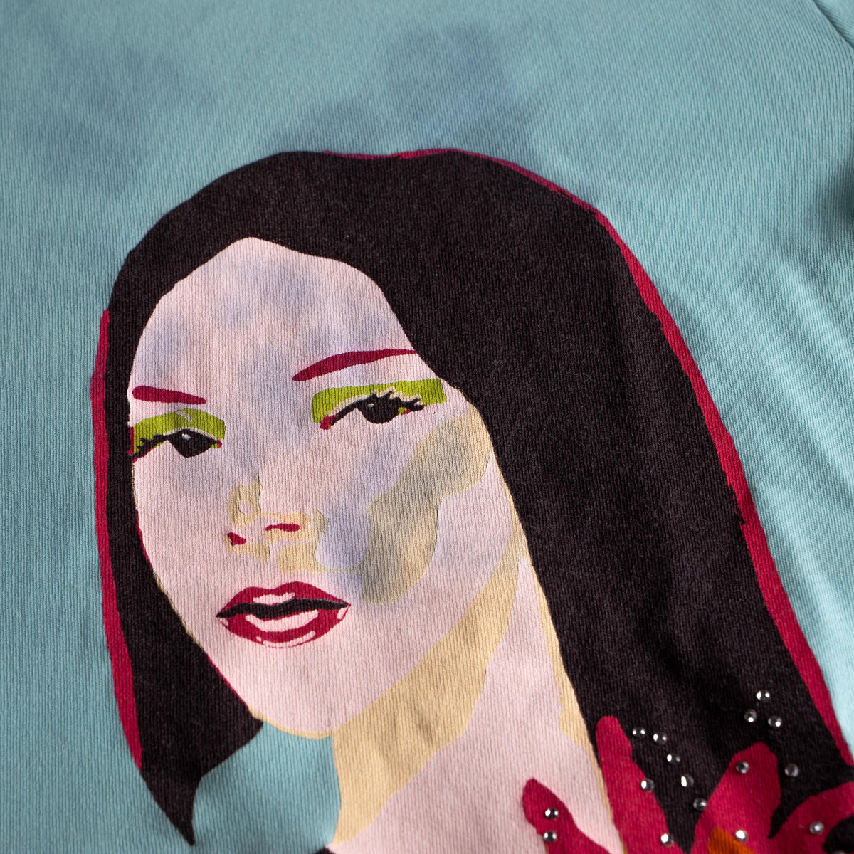 Christian Lacroix Bazar Rare Vintage Top Iconic Pop Art Face Print 90s Archival Zip Turtleneck Aqua Blue Graphic Tee Art to Wear Size M