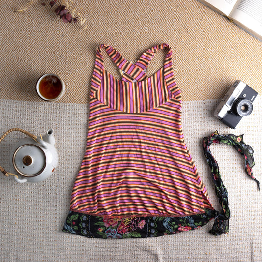 Fornarina Y2K Rare Fairy Grunge Striped Tank Top – pink, orange, yellow and black horizontal stripe stretch jersey body, cross-back spaghetti strap detail, V-neckline, flowy A-line silhouette, contrast dark floral chiffon hem ruffle with attached long floral scarf tie, girlie grunge 90s archival, flat lay editorial shot