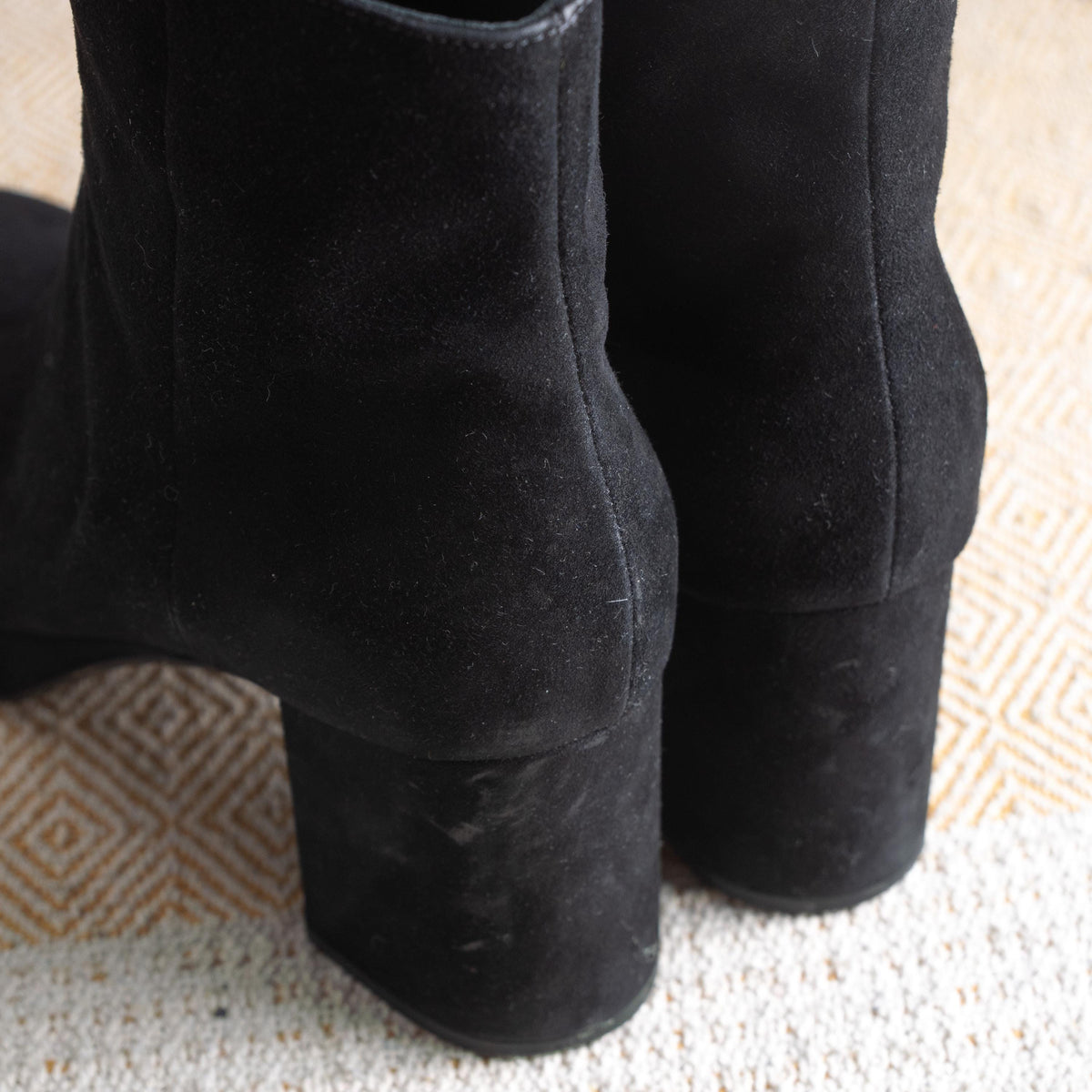 Prada Milano Archival Boots Metal Logo Chunky Platform Sole Black Suede Block Heel 90s Vintage Authentic Luxury Made in Italy Size EU 38 UK 5