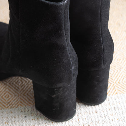 Prada Milano Archival Boots Metal Logo Chunky Platform Sole Black Suede Block Heel 90s Vintage Authentic Luxury Made in Italy Size EU 38 UK 5